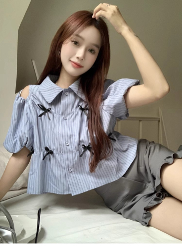 Official photo 100% polyester fiber off-shoulder short-sleeved shirt 2024 design bow short chic shirt