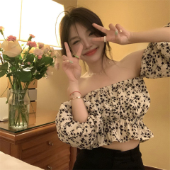 純欲夏季一字肩泡泡袖小眾碎花抹胸設計感女雪紡衫上衣