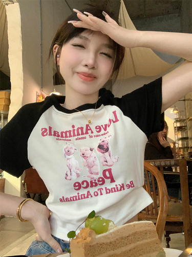 Actual shot of spring and summer new Korean style printed sweet and cool hot girl short T-shirt tops