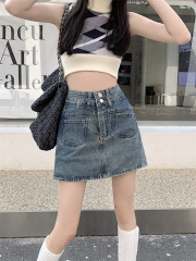 實拍牛仔半身裙女春秋新款辣妹高腰a字裙防走光顯瘦包臀裙短裙子