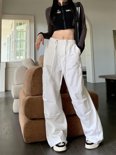 Actual shot of new summer refreshing washed cotton breathable white casual overalls parachute pants