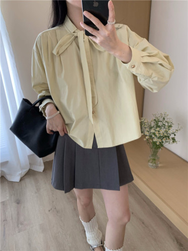 实拍 小个子韩版时尚春季个性净色长袖休闲系带领单排扣衬衣