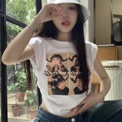 40支棉羅紋92棉8氨綸 復古印花t恤女墊肩寬鬆背心上衣