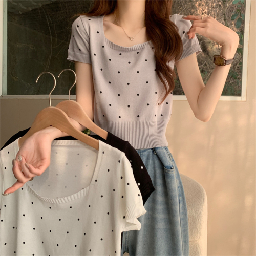 实拍 新款韩版甜美设计感波点针织衫短袖方领内搭短款上衣T恤