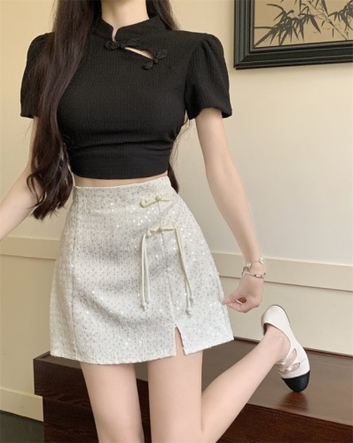 Real shot!  Skirt New Chinese style sequin plate buckle strap-on take-off A-line skirt for small people high waist slimming short skirt