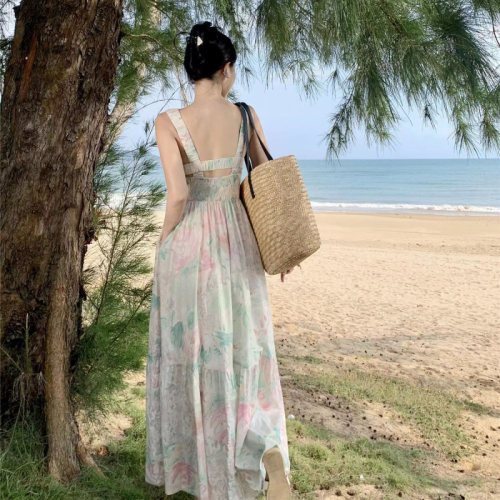 Oil painting girlish suspender skirt women's niche design printed large skirt square collar temperament dress seaside vacation