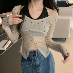 實拍 春夏新款假兩件波點長袖T恤女上衣