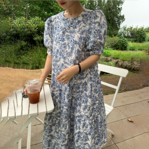 韩国chic夏季法式夏天圆领设计宽松碎花连衣裙长裙
