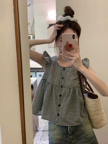 Actual shot ~ Summer new Korean style sweet flying sleeves retro black and white checkered single breasted loose and slim babydoll shirt