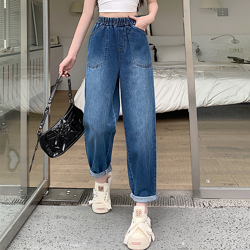 Real shot curved knife banana jeans women's spring fat mm slim loose wide leg pants design sense arc sickle pants 