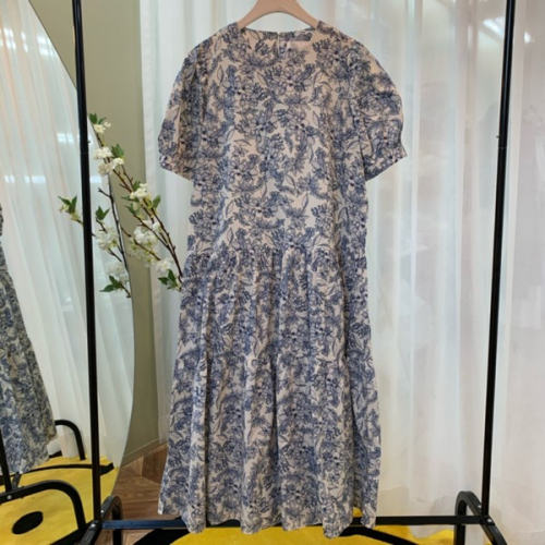 韩国chic夏季法式夏天圆领设计宽松碎花连衣裙长裙