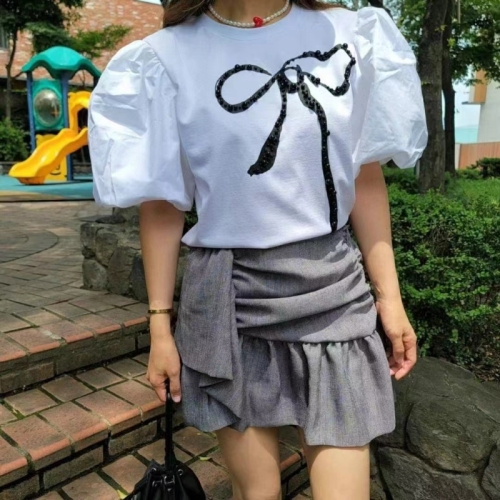 Korea simple casual round neck print + pearl decorated bow short-sleeved T-shirt