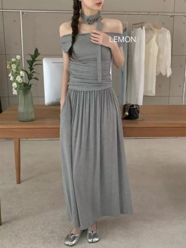 THE LEMON 2024 Summer Pure Desire Scarf Strap One Shoulder Top + High Waist Skirt Two-piece Set for Women