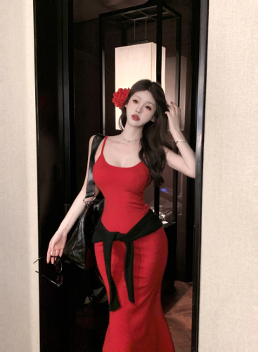 Actual shot~Pure desire sexy embroidered bow hollow out mini dress slim fit suspender skirt niche dress