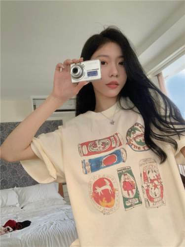 Actual shot ~ Large size Korean round neck printed short-sleeved T-shirt for women in summer, loose and versatile, trendy slim top