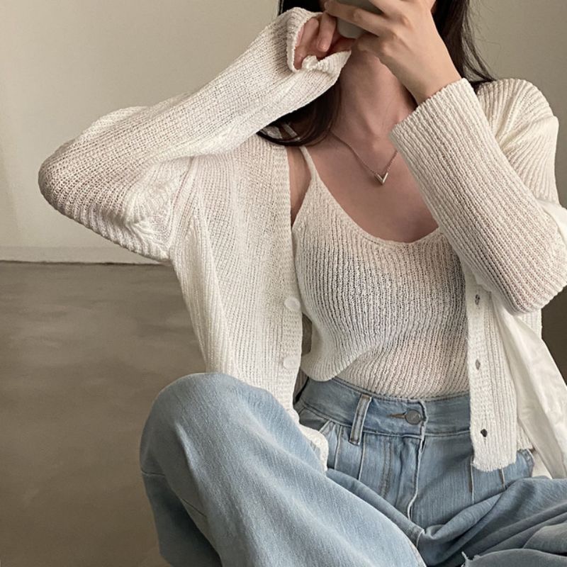 Real shot Korean chic knitted suit with adjustable inner camisole + long-sleeved sun protection cardigan for women