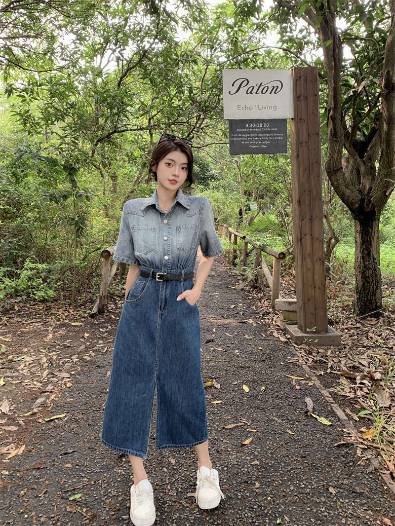 實拍氣質牛仔連衣裙女裝2024新款法式小眾高級感小個子復古長裙子