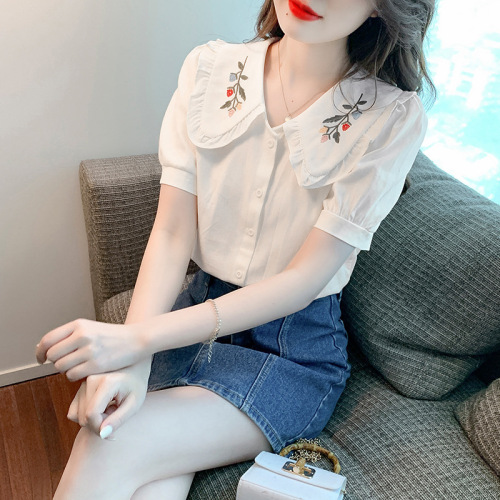 休闲时尚韩版姐妹装女新款辣妹短款娃娃设计感小众泡泡袖花边衬衫