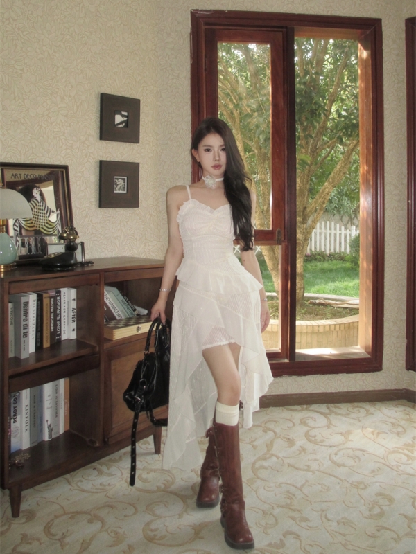 實拍 純欲甜辣妹不規則木耳邊修身顯瘦氣質仙女裙吊帶連衣裙