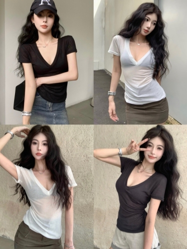 Real shot of summer hot girl style high-end thin slightly translucent sexy cool drape mask collarbone V-neck short-sleeved T-shirt