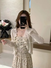 甜美荷葉邊開衫女綁帶花朵設計感吊帶外搭罩衫夏季薄款防曬衫上衣