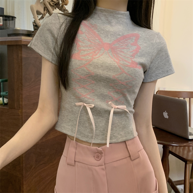 實拍  夏季新款蝴蝶結印花短袖T恤女短款上衣