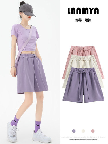 紫色运动短裤女夏薄款高腰显瘦休闲阔腿中裤抽绳设计感美式五分裤
