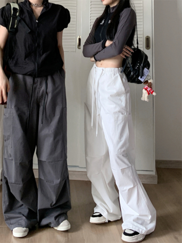 Actual shot of new summer refreshing washed cotton breathable white casual overalls parachute pants