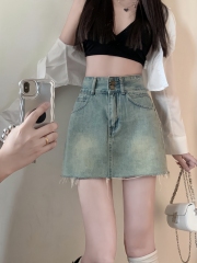 實拍#新款高腰牛仔半身裙女設計感毛邊a字包臀短裙子