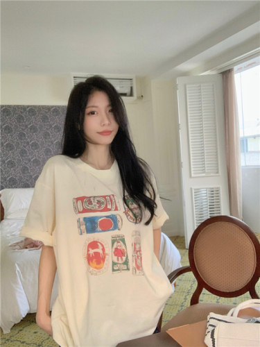 Actual shot ~ Large size Korean round neck printed short-sleeved T-shirt for women in summer, loose and versatile, trendy slim top