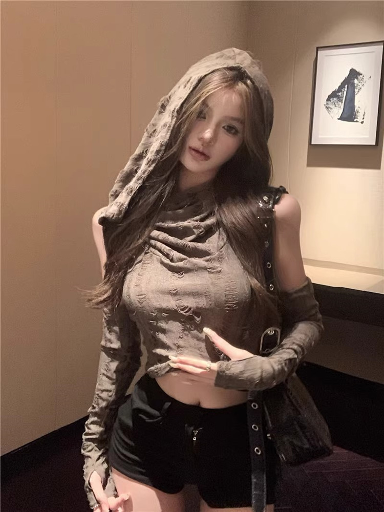 廢土風甜辣妹短款袖套上衣女春夏破洞背心連帽打底衫T恤