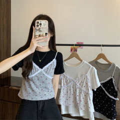 實拍 新款法式花邊V領碎花吊帶背心打底短袖T恤上衣兩件套