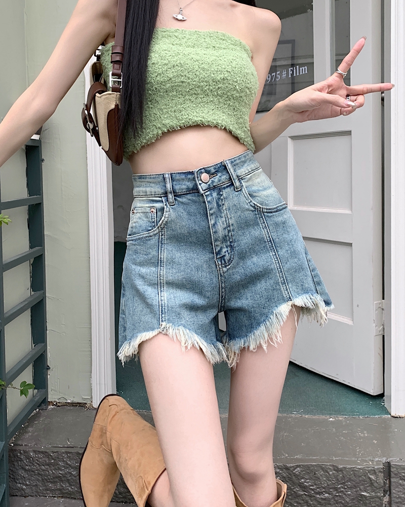 實拍#新款高腰牛仔褲女設計感拼接毛邊辣妹a字短褲子