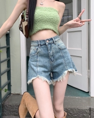 實拍#新款高腰牛仔褲女設計感拼接毛邊辣妹a字短褲子