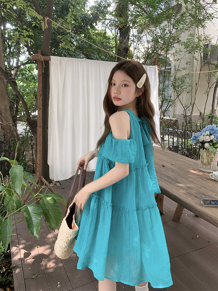 Real shot!  Halter neck strapless doll bow loose puff sleeve cake dress