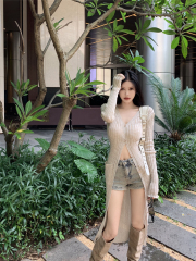Actual shot ~ Thin, gentle, mid-length, sun-proof knitted cardigan, feminine, fashionable and age-reducing long-sleeved sweater