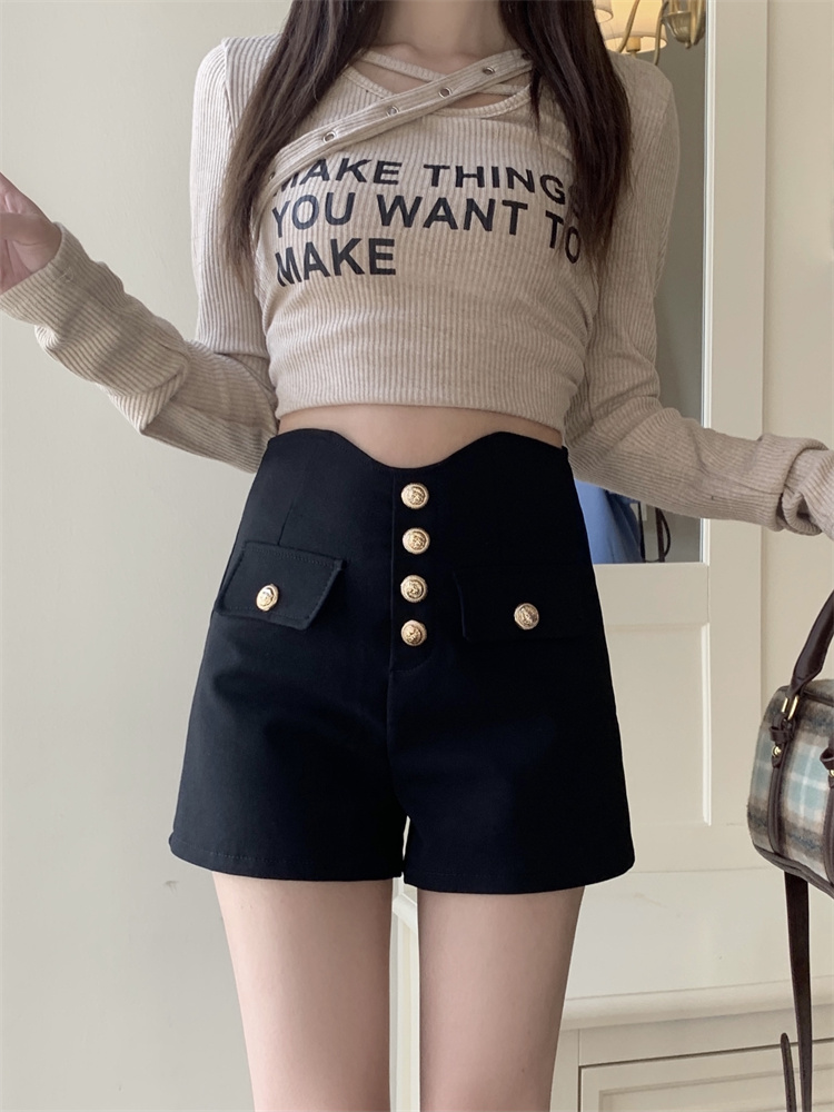 Real shot of high-waisted black suit shorts for women 2024 small people summer outer wear a-line hot pants