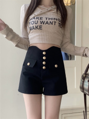 Real shot of high-waisted black suit shorts for women 2024 small people summer outer wear a-line hot pants
