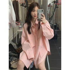 Real shot!  Pink retro shirt for women in spring and summer Korean version simple and versatile loose mid-length shirt jacket trendy