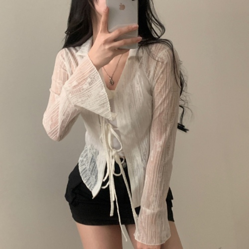 Korean ins spring temperament design pure desire lace cardigan women's long-sleeved strappy shirt