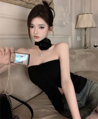 Photographed American spicy girl pure desire black pleated slimming short sleeve sexy button-up crop top women's clothing