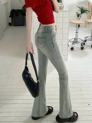 實拍#新款高腰微喇牛仔長褲女設計感桃心後袋闊腳拖地褲子