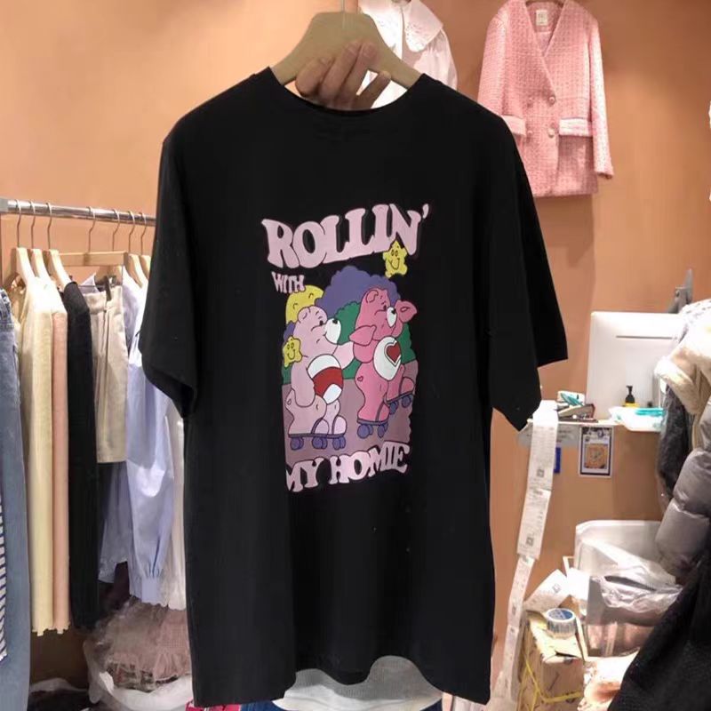 200g combed compact offspun pure cotton back strip Spring and summer loose right shoulder printed short-sleeved T-shirt