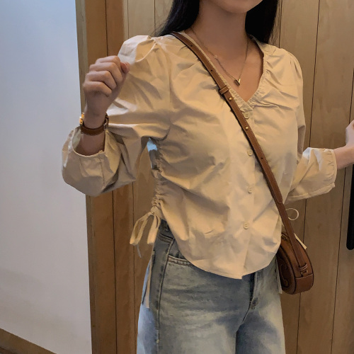 韩国ins春日 气质 V领单排扣 抽褶 长袖衬衫