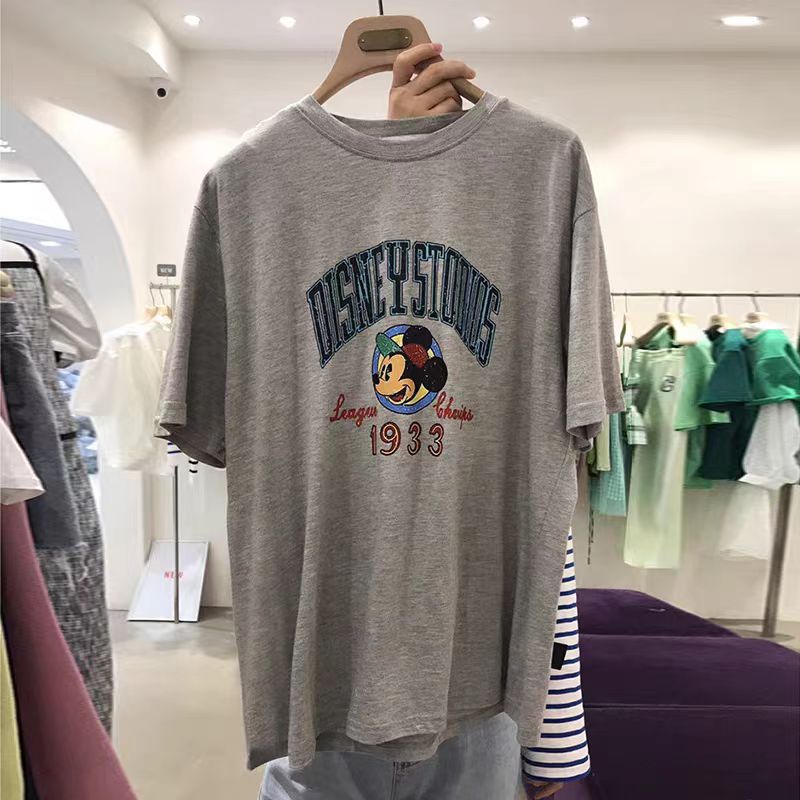200g combed compact offspun pure cotton back strip Spring and summer loose right shoulder printed short-sleeved T-shirt