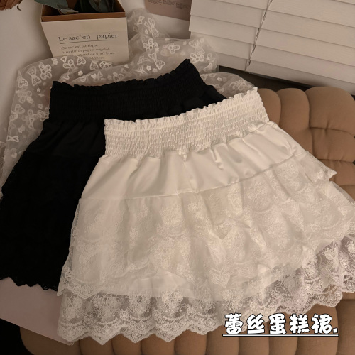 Real shot of lace cake A-line skirt summer ballet style high-waisted white mesh puffy skirt for women