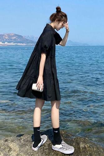 夏季新款洋气赫本风褶皱小黑裙大码女装遮肚显瘦连衣裙M-4XL200斤