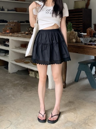 Real shot ~ white retro lace skirt high waist short skirt cake skirt