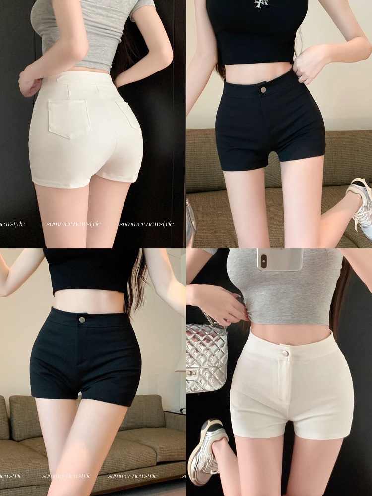 Real shot hot girl hot pants high waist casual pants summer new elastic tight black shorts slimming leggings