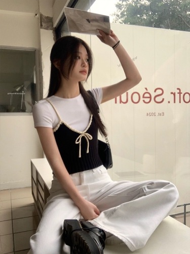 Song Zhengen Bow Knitted Stacked Knitted Vest Women's 2024 Summer Black Short Outer Top Trendy